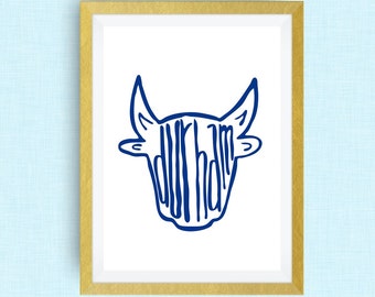 Durham Art Print - Bull Durham, NC, hand drawn, hand lettered, Option of Real Gold Foil