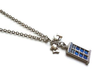 Vintage Doctor Who Necklace Tardis Police Box with Ribbon Bow Charm - Stainless Steel Chain - Whovian gift