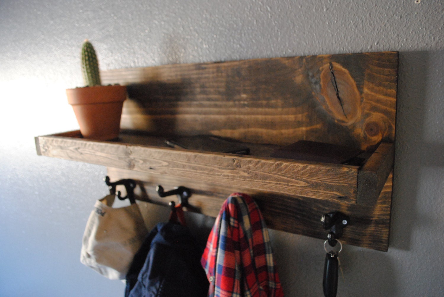 Rustic Wall Coat rack with floating shelf 24X12X7