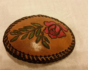 Vintage hand tooled leather belt buckle