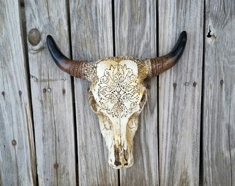 skull, decorated skull, taxidermy, skull decor, boho decor, painted skull,mandala art, country wall art,cow skull, faux taxidermy, longhorn,