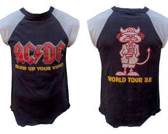 1988 AC/DC Cut Off Sleeve Band Tee T Shirt Blow Up Your Video Tour 80s Hair Metal Heavy Rock Classic Concert Tour Punk Raglan Muscle World