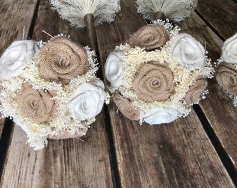 Burlap Bridesmaids Bouquets in Natural & Ivory one bouquet per quantity! Burlap Wedding Bouquets, Burlap Bouquets, Bridesmaids Bouquet