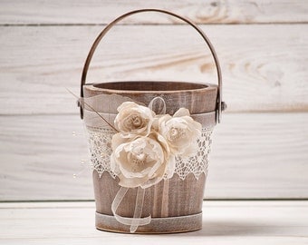 Rustic Flower Girl Basket Wedding Flower Basket Flower Girl Basket Wood Flower Basket Flower Girl Bucket Ivory and Burlap Wedding