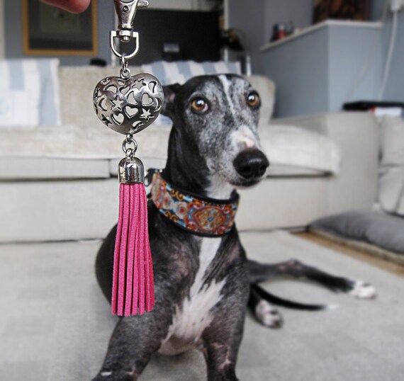 Fuchsia Pink Dog Collar Tassel Keychain with big heart charm.