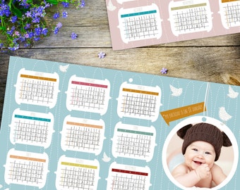 baby photo calendar with birds for girl and boy, illustrated ONE PAGE calendar 2017, printable calendar, kids calendar, nursery decor