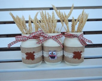 Christmas Mason Jar Decor, Woodland theme Christmas Mason Jar, Owl theme Mason jar, Rustic Christmas mason jars, Set of 3 Jars, Plaid decor