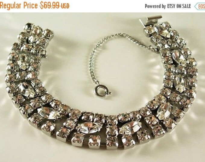 Storewide 25% Off SALE Vintage Eternity Triple Strand Stunning Rhinestone Bracelet With Fold Over Clasp and Safety Chain