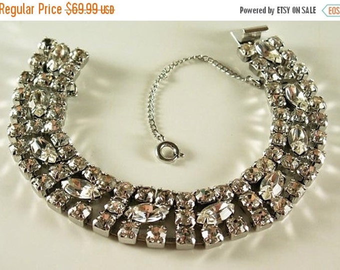 Storewide 25% Off SALE Vintage Eternity Triple Strand Stunning Rhinestone Bracelet With Fold Over Clasp and Safety Chain