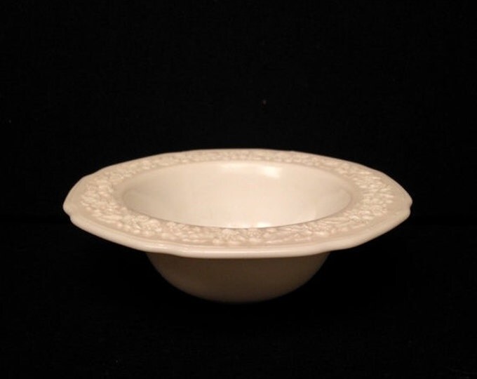 Storewide 25% Off SALE Beautiful Vintage Patterned White Milk Glass Breakfast Bowl Featuring Elegant Raised Floral Garland Style And Design