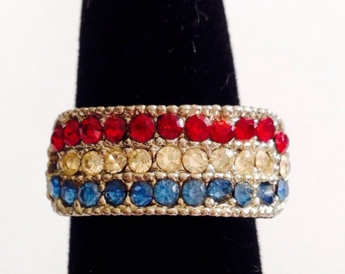 Storewide 25% Off SALE Vintage Silver Tone Rhinestone Encrusted Dome Style Designer Ring Featuring Channel Set Patriotic Design With Adjusta