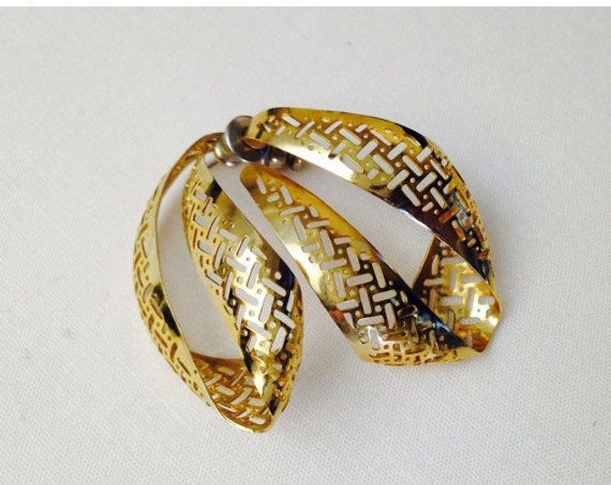 Storewide 25% Off SALE Vintage Gold Tone Filigree Ribbon Style Designer Earrings Featuring Elegant Open Design