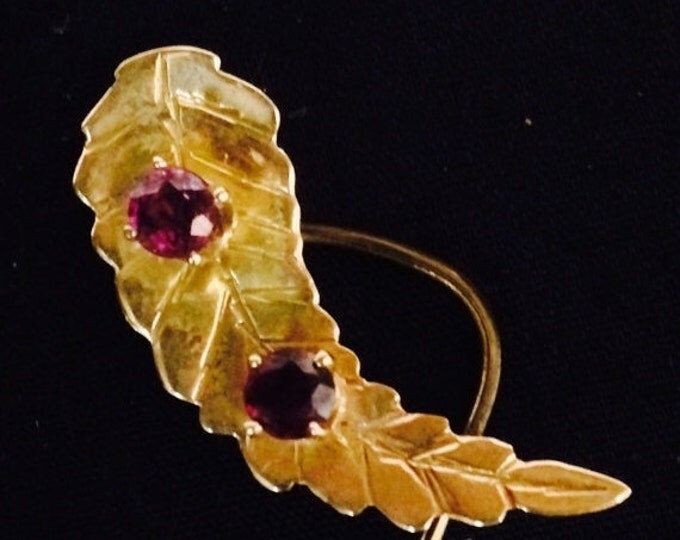 Storewide 25% Off SALE Vintage Solid 14k Gold Victorian Style Stick Pin With Amethyst Embellishments Featuring Textured Curved Leaf Design
