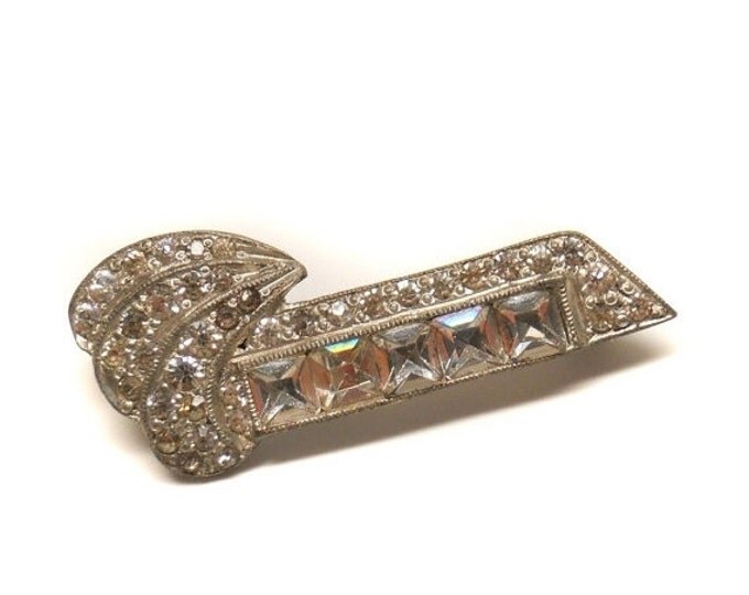 Storewide 25% Off SALE Vintage Art Deco Mirrored Back Designer Rhinestone Brooch Pin Featuring Clear Stone Design With Eclectic Flair.