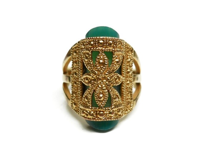 Storewide 25% Off SALE Vintage Sterling Silver With Gold Overlay Jade Shielded Cocktail Ring Featuring Elegant Filigree Design