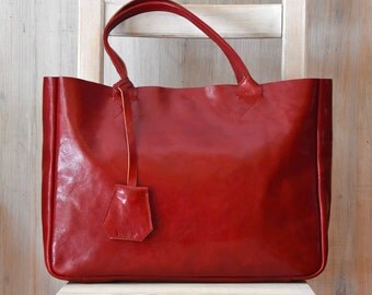 Red Leather Tote Bag - BELLA Ferrari Red – Medium Size Handmade Leather Tote