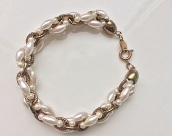 Antique Gold Pearl Bracelet Wedding Vintage Bracelet Antiqued Etched Chain Twisted Freshwater Pearl Bridesmaid Gift Idea Cottage Chic