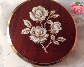 Vintage compact Melissa powder compact mirror wood grain rose compact 1970s Melissa creme powder box handbag mirror 1960's compact