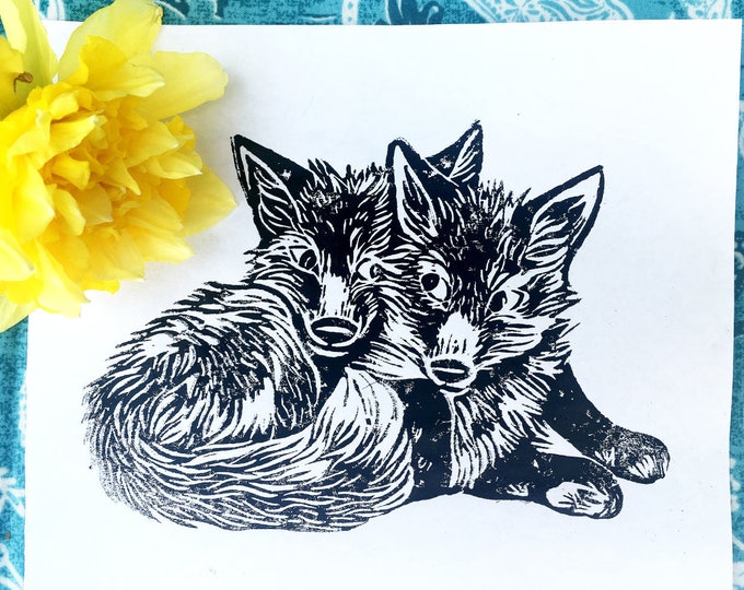 Fox Cubs Print - Cute Animal Foxes Print - Linocut Relief Print // Limited Edition Art