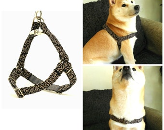 Dark Blue Dog Harness with Japanese Fabric Karakusa