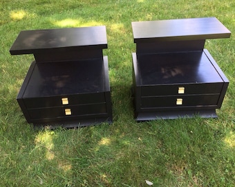 Black Mid-Century Modern Nightstands End Tables Original Hardware - Pair