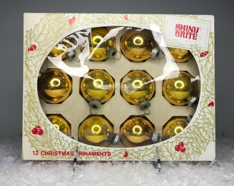 12 gold vintage Shiny Brite brand Christmas holiday glass ornaments