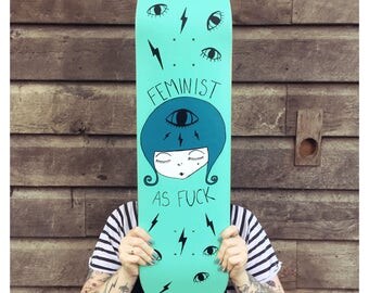 skate deck, hand painted, feminist art, skateboard deck