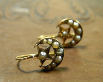 Antique Moon and Star Drop Earrings | 9CT Solid Gold | Seed Pearl Earrings | Victorian Earrings | Crescent Earrings | Moon Earrings | 1800s