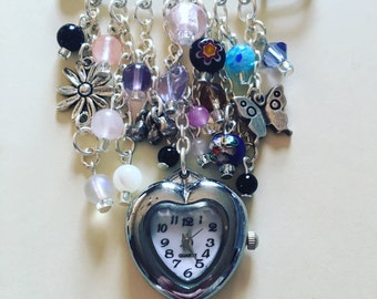 Brooch watch made with semi precious stones, pendant watch , charm brooch, watch brooch