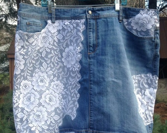 Plus Size Skirt, Lace Denim Skirt, Size 24 Skirt, Plus Size Jean Skirt, Knee Length Skirt, Cowgirl Skirt, Jean Midi Skirt, Country skirt
