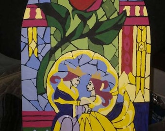 Beauty and the Beast- Stain glass replica painted on wood.