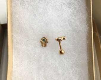 Gold Hamsa Hand Cartilage Tragus Earring. 16 gauge.