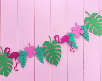 Flamingo Bunting – Tropical Party Decor Banner – Pink and Green Garland