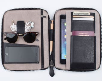 LEATHER TRAVEL WALLET (medium) (black) iPad Mini Kindle folio passport holder document organiser organizer portfolio cover real genuine