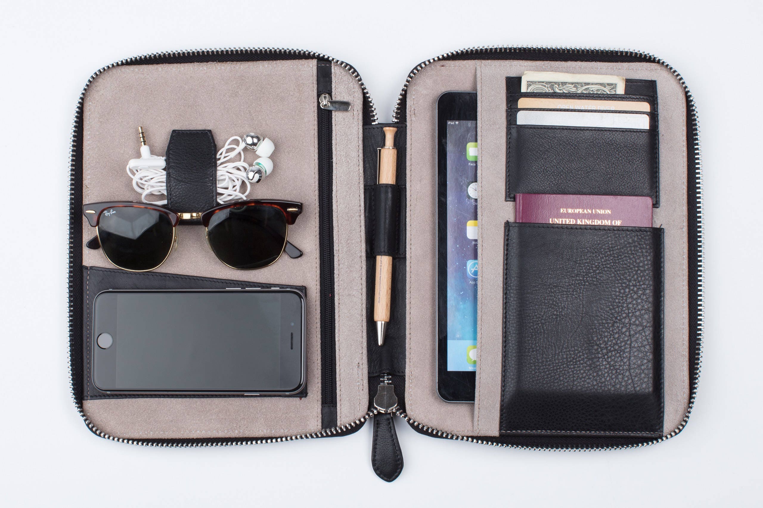 LEATHER TRAVEL WALLET medium black iPad Mini Kindle folio