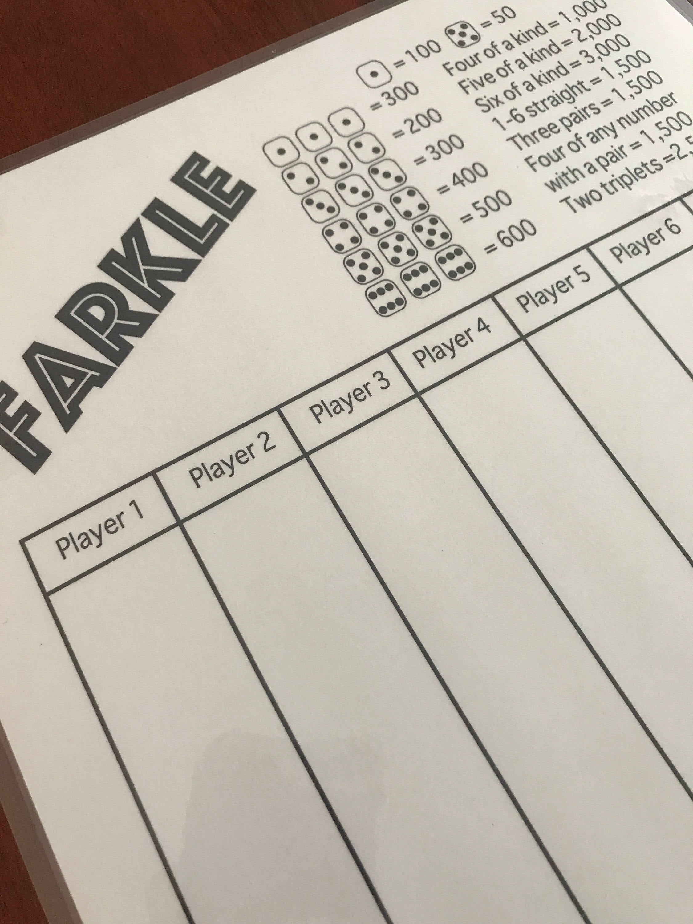 PDF 8.5x11 Farkle score card 8.5x11 scorecard score