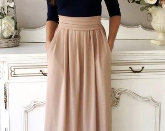 Navy Blue- Cappuccino Maxi Women's Dress 3/4 Sleeves Pockets