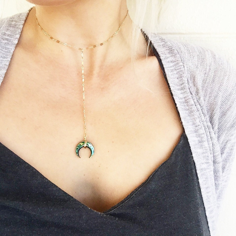 Abalone Moon Lariat Necklace | Y Necklace | 14k gold fill | Abalone Shell