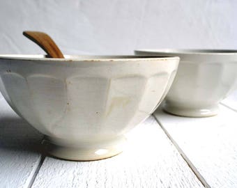 Pair of Antique White French Ironstone Faceted Cafe au Lait Bowls Breakfast Bowls