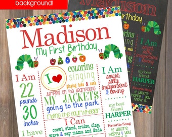 The Very Hungry Caterpillar Birthday Chalkboard Print - Bug Butterfly Colorful Rainbow First Birthday Party Sign Milestone - JPEG File
