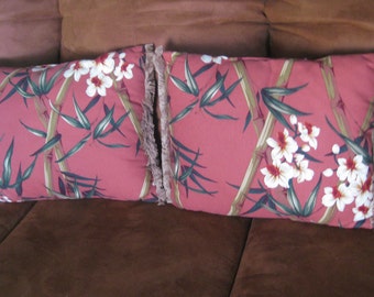 Pair of Vintage 1940's LG BARKCLOTH pillows lovely oriental graphics with original fringe edging excellent condition 18" x 15"
