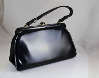 Black Patent Leather Purse - Pocketbook - Handbag - Vintage 1960s - Button Top Closure - Rockabilly