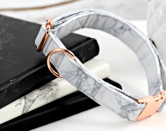 Dog Collar - White/Gray Marble - Rose Gold Hardware