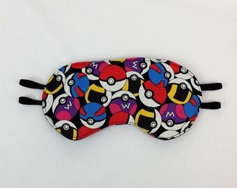 Pokemon fabric made into Luxurious Sleep Mask. Men's eye mask made from pokeballs fabric. Nerdy sleeping mask. Geek travel mask. Gamer mask.