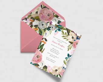 Pink Watercolor Floral 5" x 7" Bridal Shower Invitation - Digital or Printed