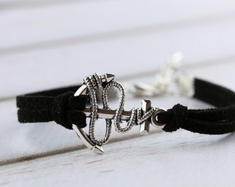 Friendship anchor bracelet women Silver nautical bracelet Anchor beach jewelry Suede cord bracelet Anchor with ropes bracelet 40 colors