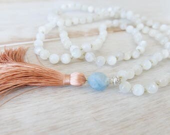 Divine Feminine Moonstone Mala Beads - 108 Beads/Moonstone Mala Necklace/Mala Beads 108/Mala Bead Necklace/Beaded Necklace/Tassel Necklace