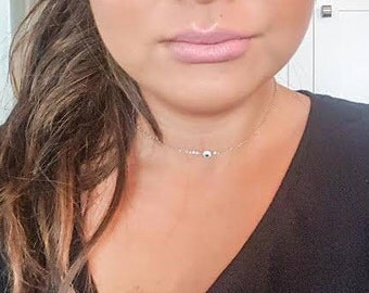 Evil Eye Choker Necklace. Stainless Steel Silver Chain. Dainty Blue/White Evil Eye Glass Bead. Dainty Simple Choker