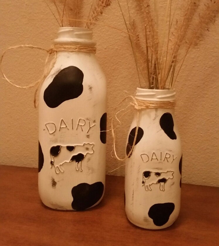 Milk bottles glass distressed cow print with twine set of