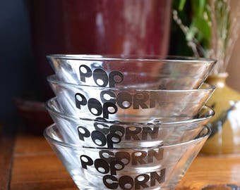 Vintage Typography Glass Popcorn Bowls | Graphic Modern Popcorn Bowls | Retro Popcorn Bowls | Set of Four Mid Century Popcorn Bowls